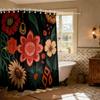 1PC Retro Ethnic Black Floral Shower Curtain, Waterproof Bathroom Privacy Partition Hanging Curtain