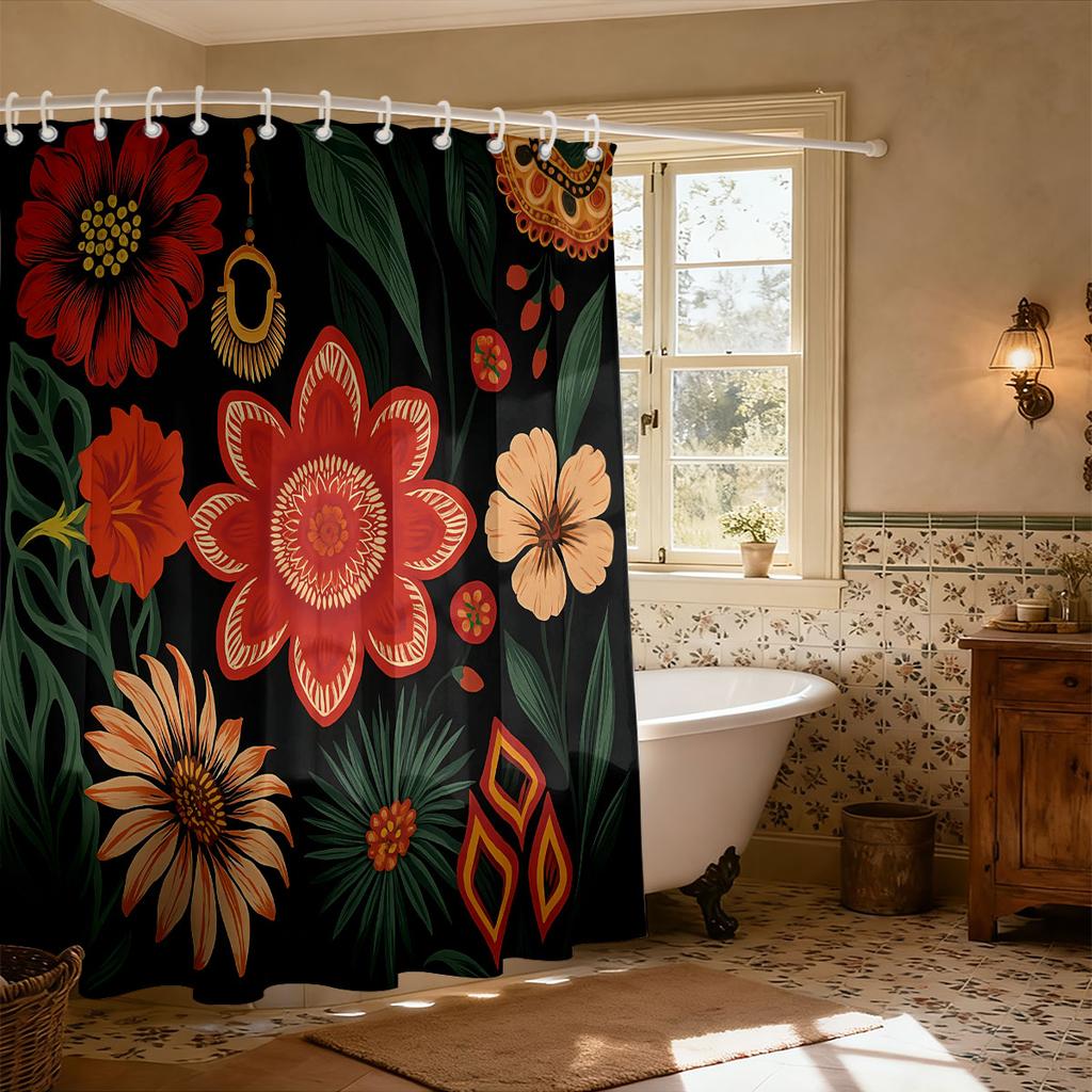 1PC Retro Ethnic Black Floral Shower Curtain, Waterproof Bathroom Privacy Partition Hanging Curtain