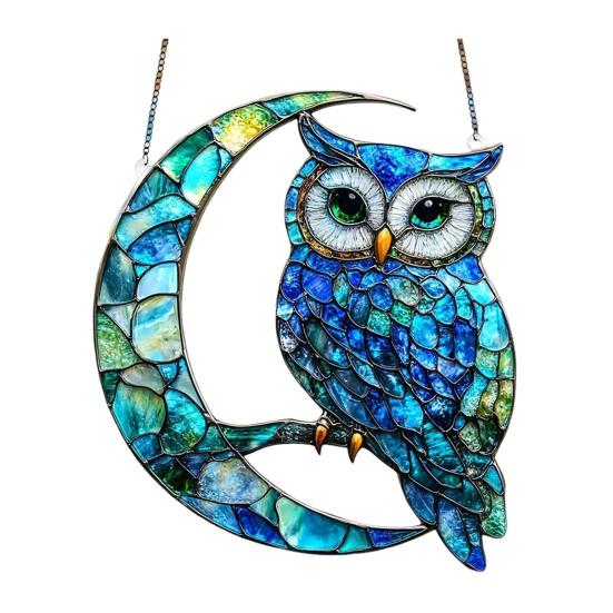 Owl Ornament Stained Glass Blue Green Sun Catcher Enchanting Birds