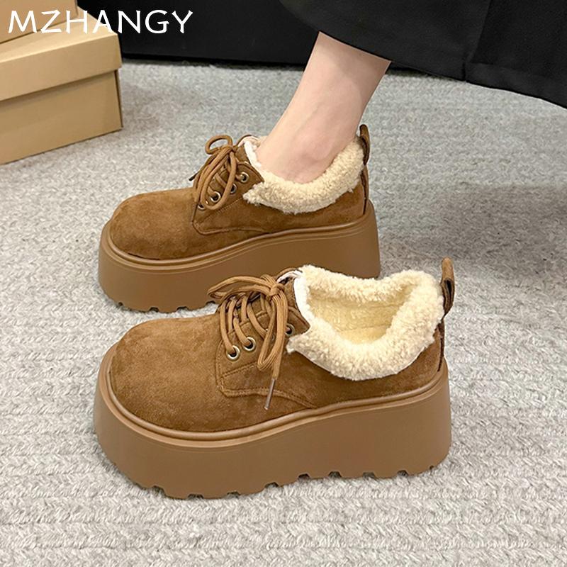 Модные женские ботильоны на платформе, замшевые туфли на плоской подошве, короткие плюшевые теплые ботинки, тренд 2025 года, зимние модные короткие сапоги, удобные, новые женские ботинки