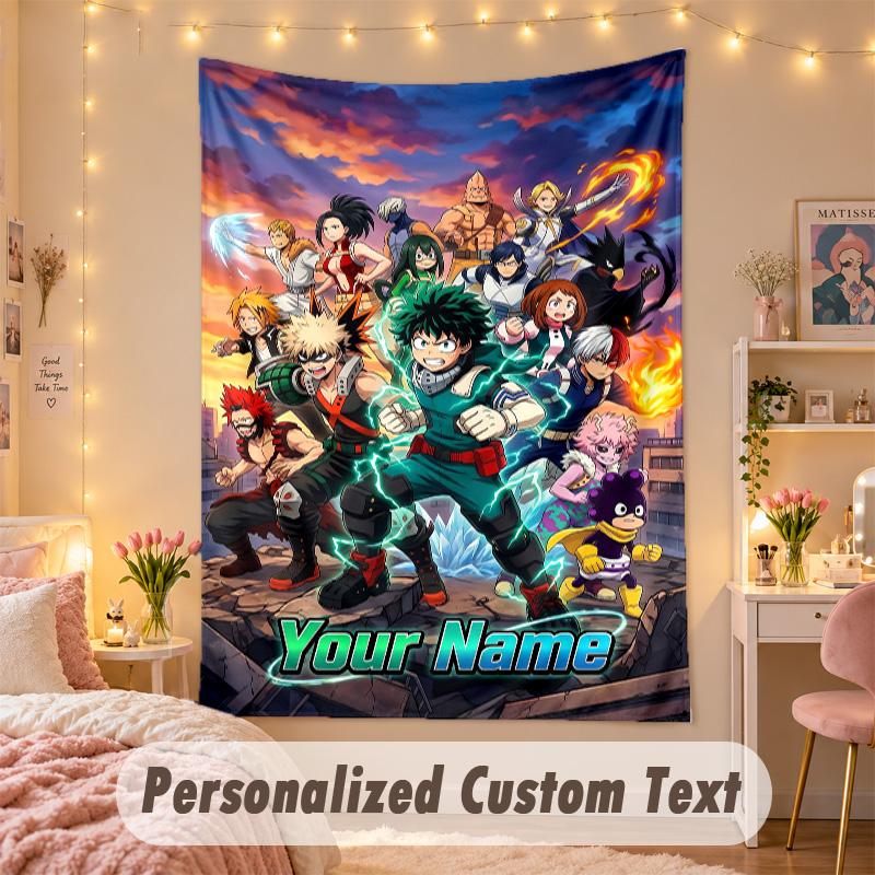 Custom Personalized Tapestry,My Hero Academia Print Custom Name Text Wall Art Hanging for Bedroom