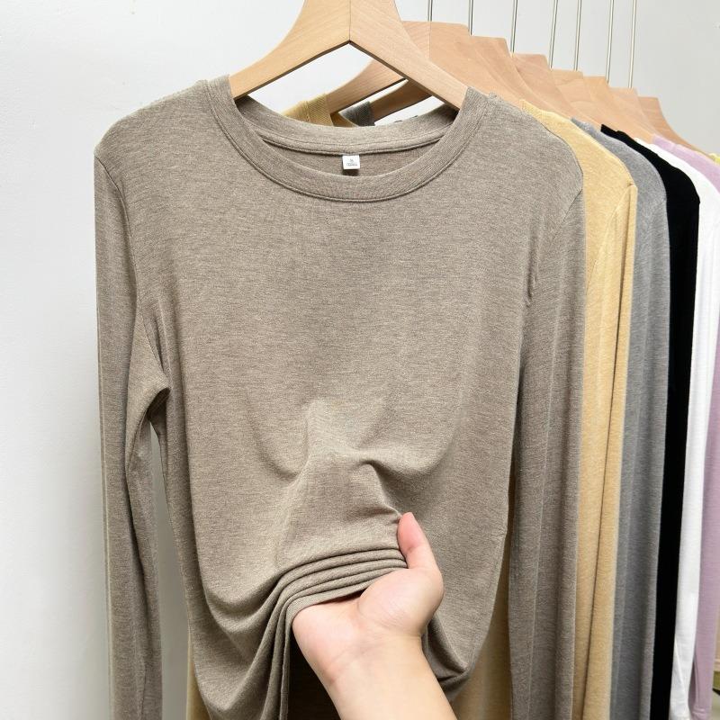 Gray skin-friendly soft waxy mask T-shirt women's long-sleeved early spring elastic simple round neck bottoming shirt versatile top