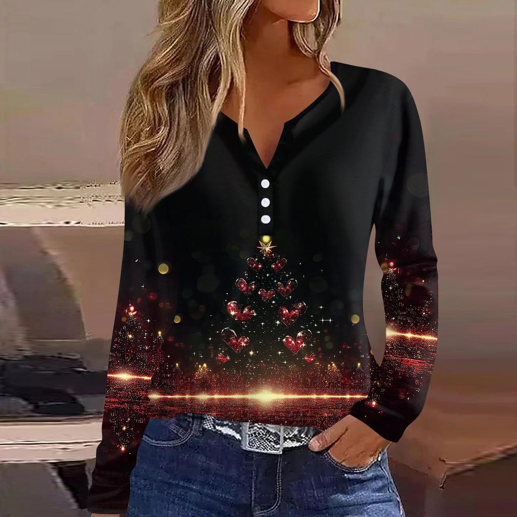 Женская футболка с рождественским принтом на пуговицах с длинным рукавом, повседневная, выходного дня, модная, базовая, с V-образным вырезом, обычная
