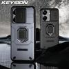 KEYSION Shockproof Armor Case for Xiaomi POCO C65 Silicone+PC Slide Camera Lens Protection Ring Stand Phone Cover for Redmi 13R 13C 5G