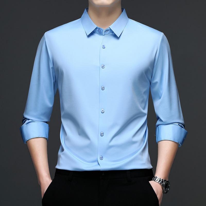 Men Seamless Wrinkle Resistant Solid Color Long Sleeve Business Casual Shirt