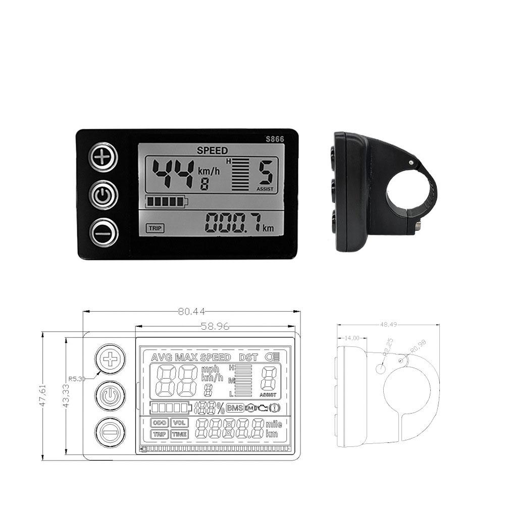 S866 Electric Bike LCD Display 24V 36V 48V E-Bike Electric Scooter Display Meter Control Panel with