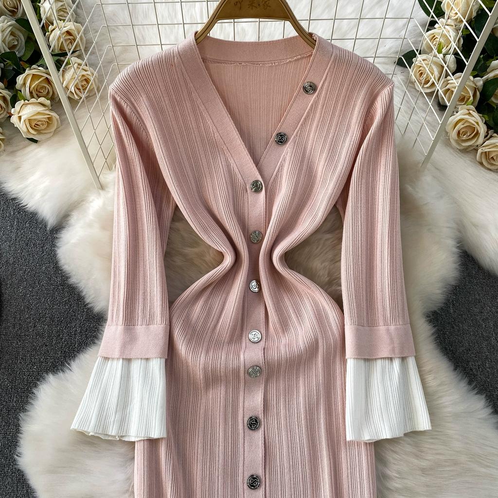 Autumn Winter Women V-neck Full Sleeve Knitted Pullover Sweater Party Long Maxi Mermaid Dresses