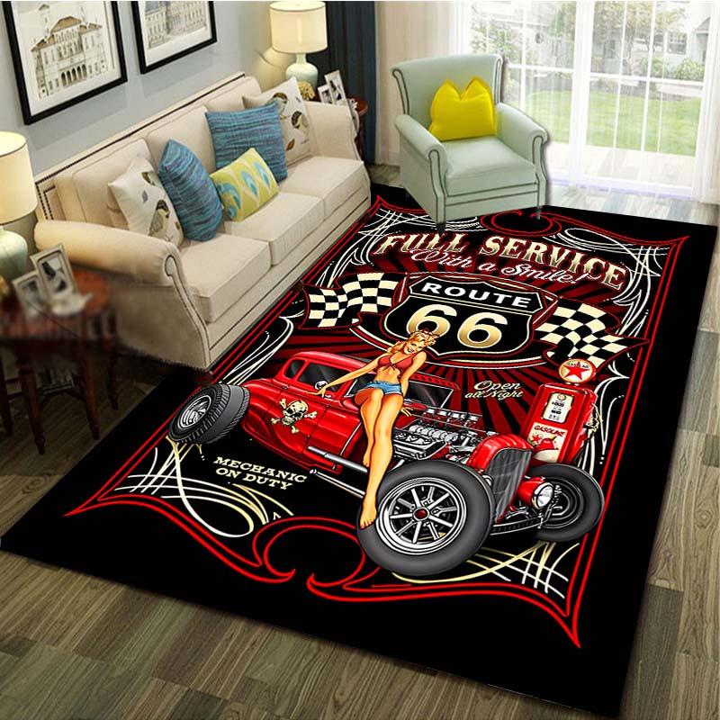 Route 66 Vintage Car Mat - Retro Pin-Up Non-Slip Rug for Living Room, Bedroom Office, Machine Washable Decor
