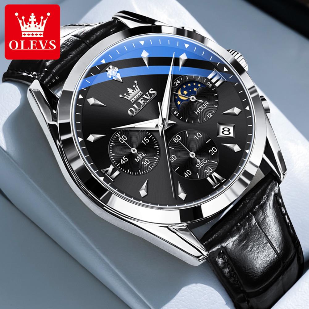 OLEVS Men's Watches Trend Fashion Multi-functional Chronograph Moon Phase Date Original Brand Quartz Wristwatch for Man 3609 New