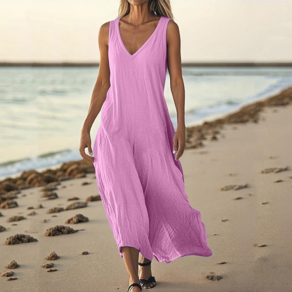 Women Casual Summer Solid Color Tank Sleeveless Dress Hollow Out Loose Beach Dress