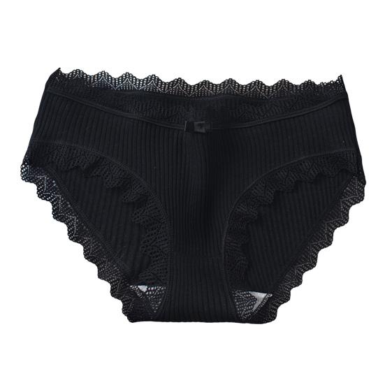 Women Underpants Thread Mid Waist Lace Edge Solid Color Elastic Cotton Crotch Moisture-wicking Stretchy