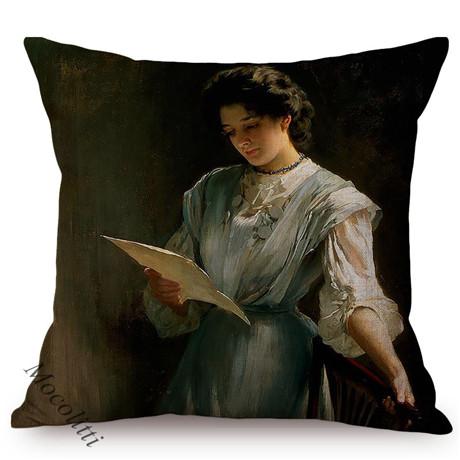 Woman In Love Vintage Oil Painting Art Pillow Case Beautiful Girl Reading Love Letter Sofa Decorative Cushion Cover Cojines