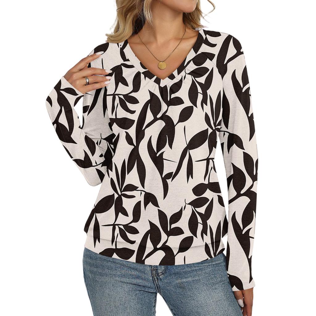 Женский повседневный модный топ с V-образным вырезом, рукавами реглан, плиссировкой и цветочным принтом, с длинным рукавом