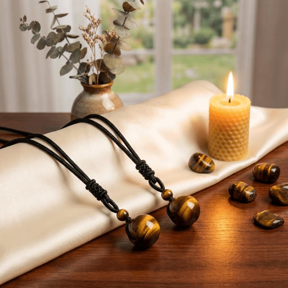 Braided Rope Crystal Pendant Necklace Beaded Adjustable Necklace Tiger's Eye Necklace Daily Wear