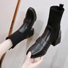 Women's Fashion Low Heel Mid-calf Boots Fall New Square Head Leather Knitted Sleeve Temperament Square Heel Knitted Boots