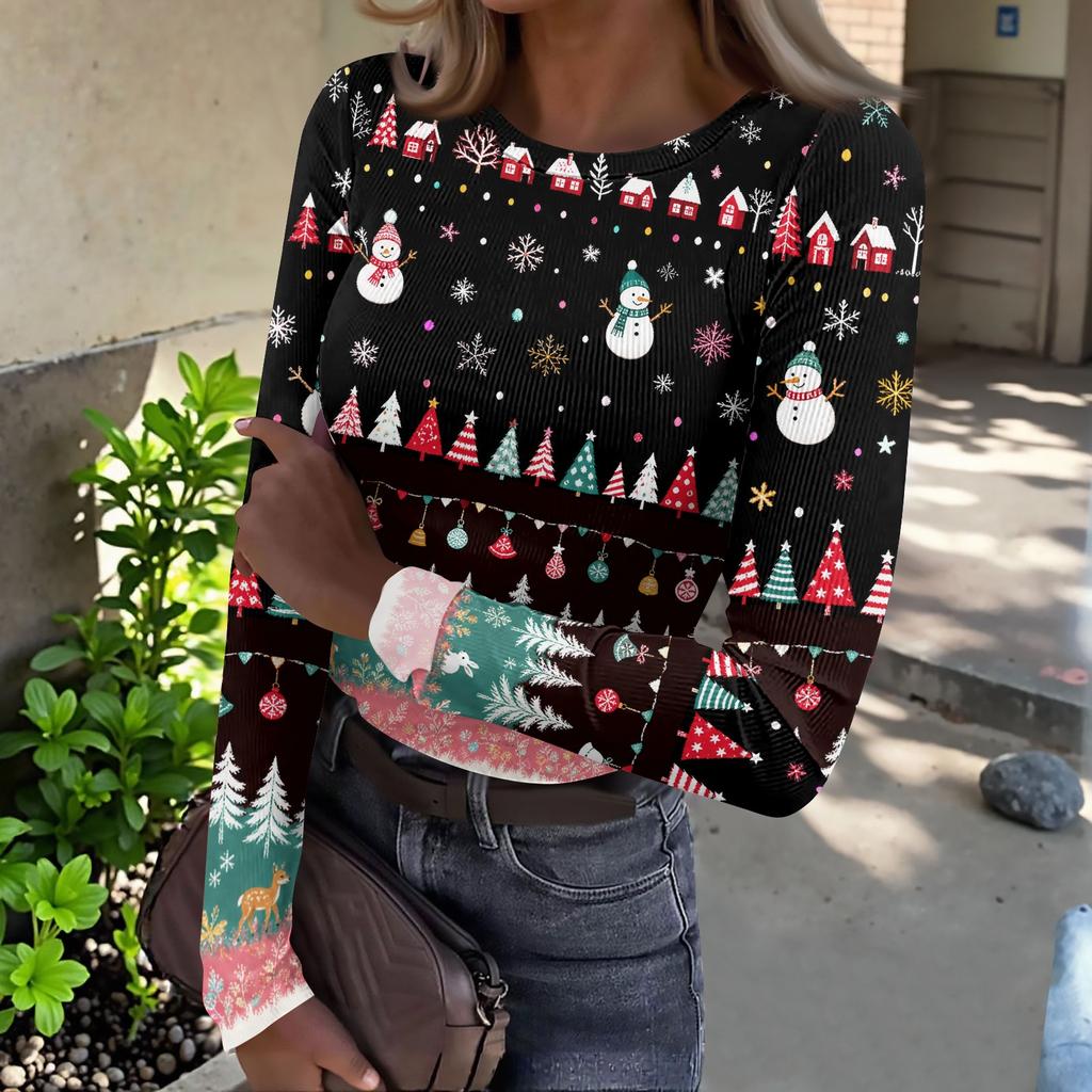 Women's Slim Fit Long Sleeve T-Shirt with Christmas Print Neck Pullover Top