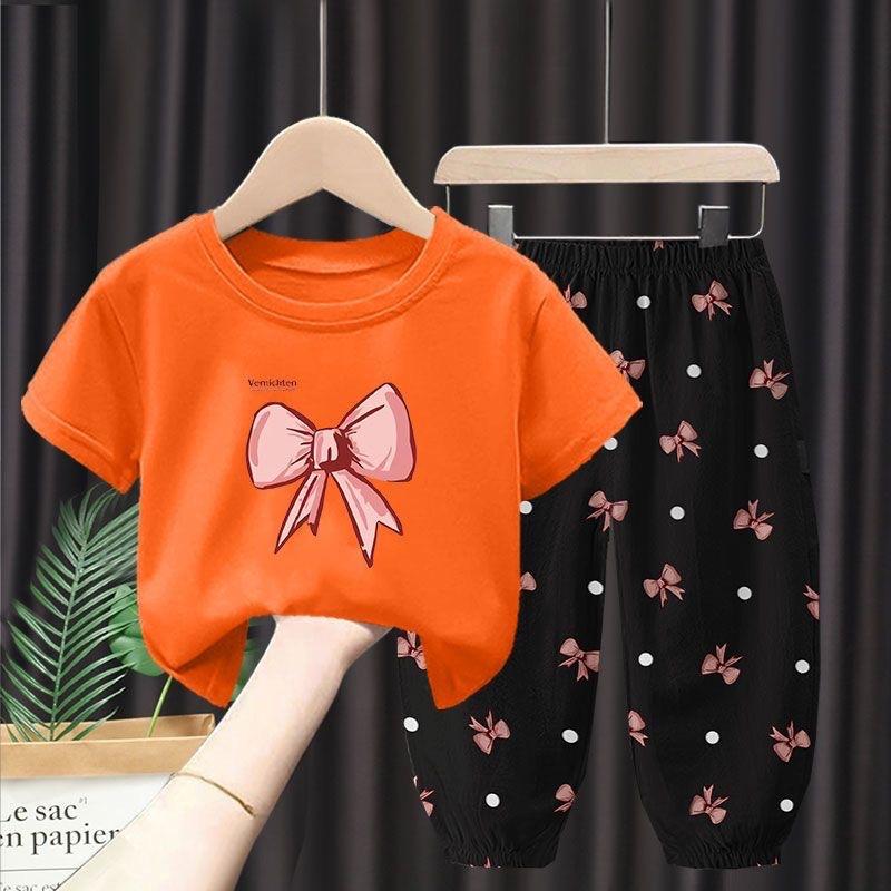 Летний комплект из 2 предметов для девочек: футболка с коротким рукавом и брюки с принтом бантика, детский костюм для одежды, детская одежда