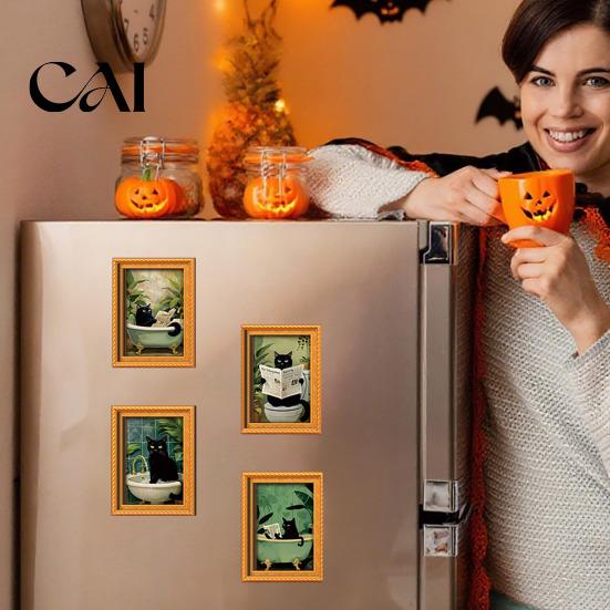 Autumn Home Wall Decorations Black Cat Wooden Refrigerator Magnet, Halloween Theme Decorative Festive Kitchen Accessories Magnetic Decal, for Cabinets