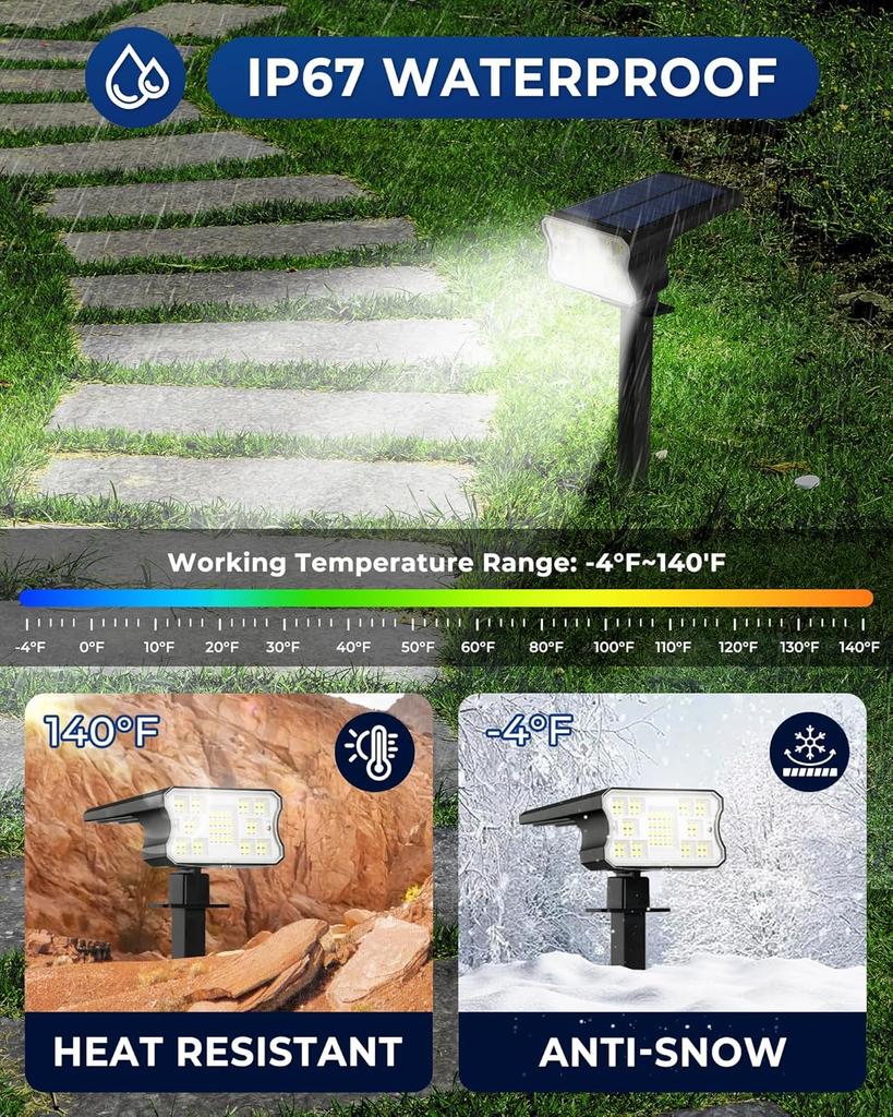 Solar Lights Outdoor 60LED 3 Modes IP67 Waterproof, 2-in-1 Spot Lights for Yard Garden Pathway (Cool White, 4 Pack)