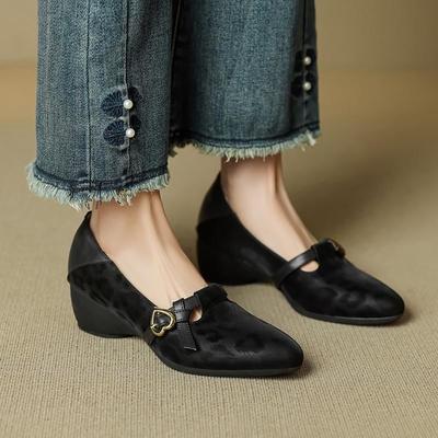 Мода FHC 2025 Новые Весенние Клинья Средний Каблук, Рабочая Обувь для Офисной Леди, Женские Туфли-Лодочки, Круглый Носок, Ремешок Спереди, Коричневый, Черный, Размер 35-41, Дропшиппинг