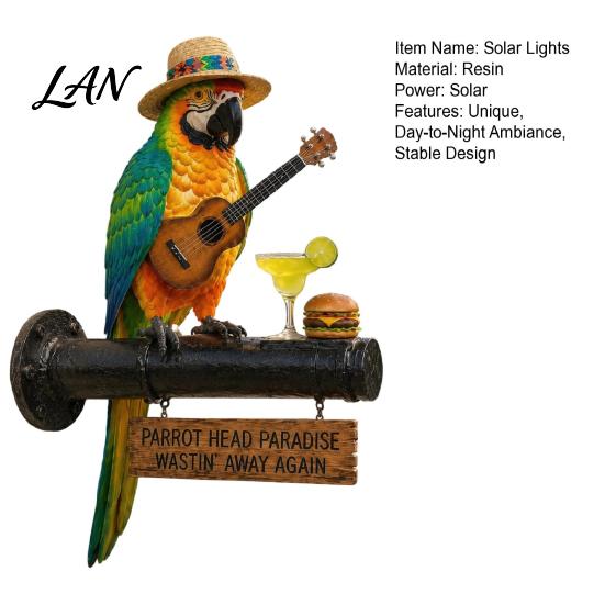 Patio Solar Lighting LED Parrot Wall Mount Decor Light, Resin Tropical Bird with Ukulele, Outdoor Wooden Base Light Yard Garden Art Vintage