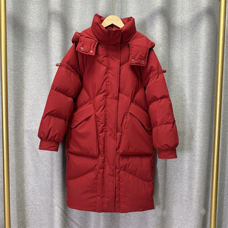 Женская зимняя осенняя куртка-пуховик с капюшоном из белого утиного пуха, свободное длинное однотонное пальто с большим карманом, съемная шапка, пуховое пальто