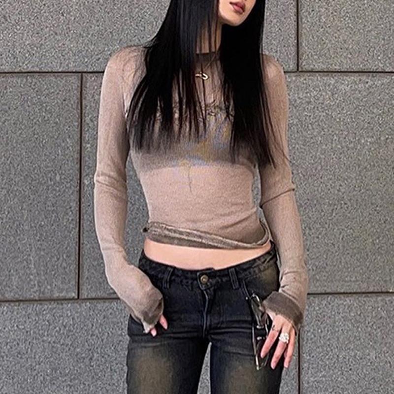 Киберготическая сетчатая прозрачная футболка Techwear, модная уличная одежда Y2k, укороченные топы с длинными рукавами, облегающий женский сексуальный наряд