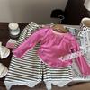 Autumn Girls' Versatile Long-Sleeve T-Shirt & Striped Pants Set - Clearance, No Returns or Exchanges