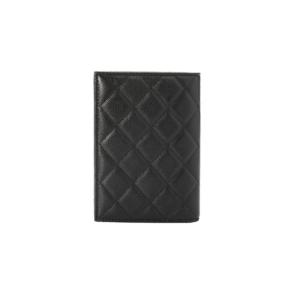Chanel 23B Золотой Логотип Алмазный Узор Шероховатая Кожа Личи Держатель для Паспорта Визитница Женские Аксессуары Черный AP0218-B10583-C3906