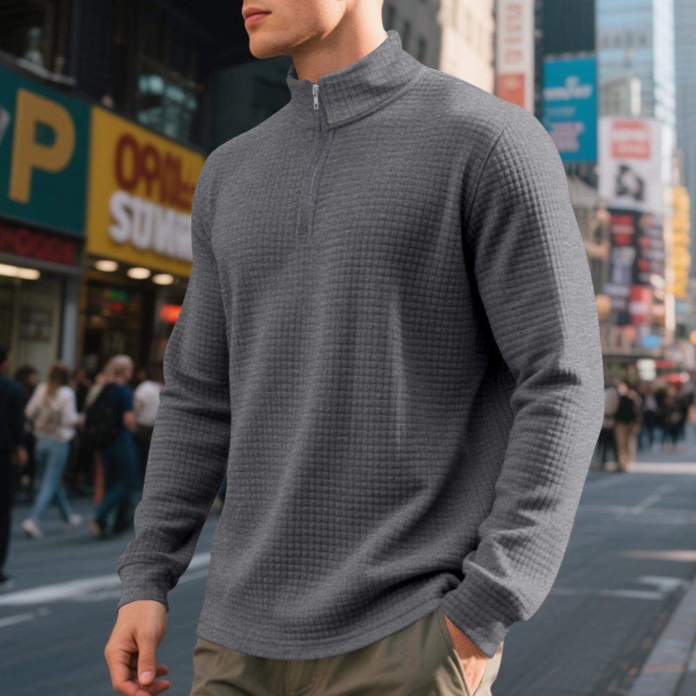Осенне-зимний минималистичный повседневный мужской джемпер базового слоя свободного кроя с жаккардовым узором и воротником-стойкой на молнии до середины груди