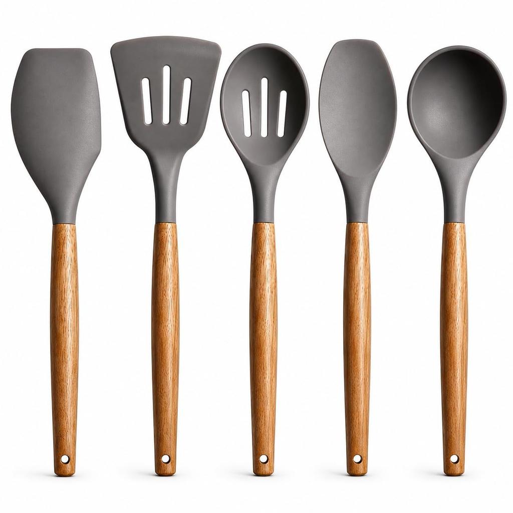 Silicone Spatula Set, 5-Piece Premium Kitchen Utensils with Wooden Handles, Heat Resistant, Non-Stick Safe, Grey
