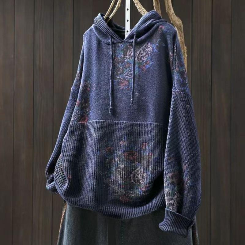 Johnature Женские винтажные вязаные свитера с капюшоном, принтованные цветочные ткани, весенние свободные мягкие свитера с длинным рукавом