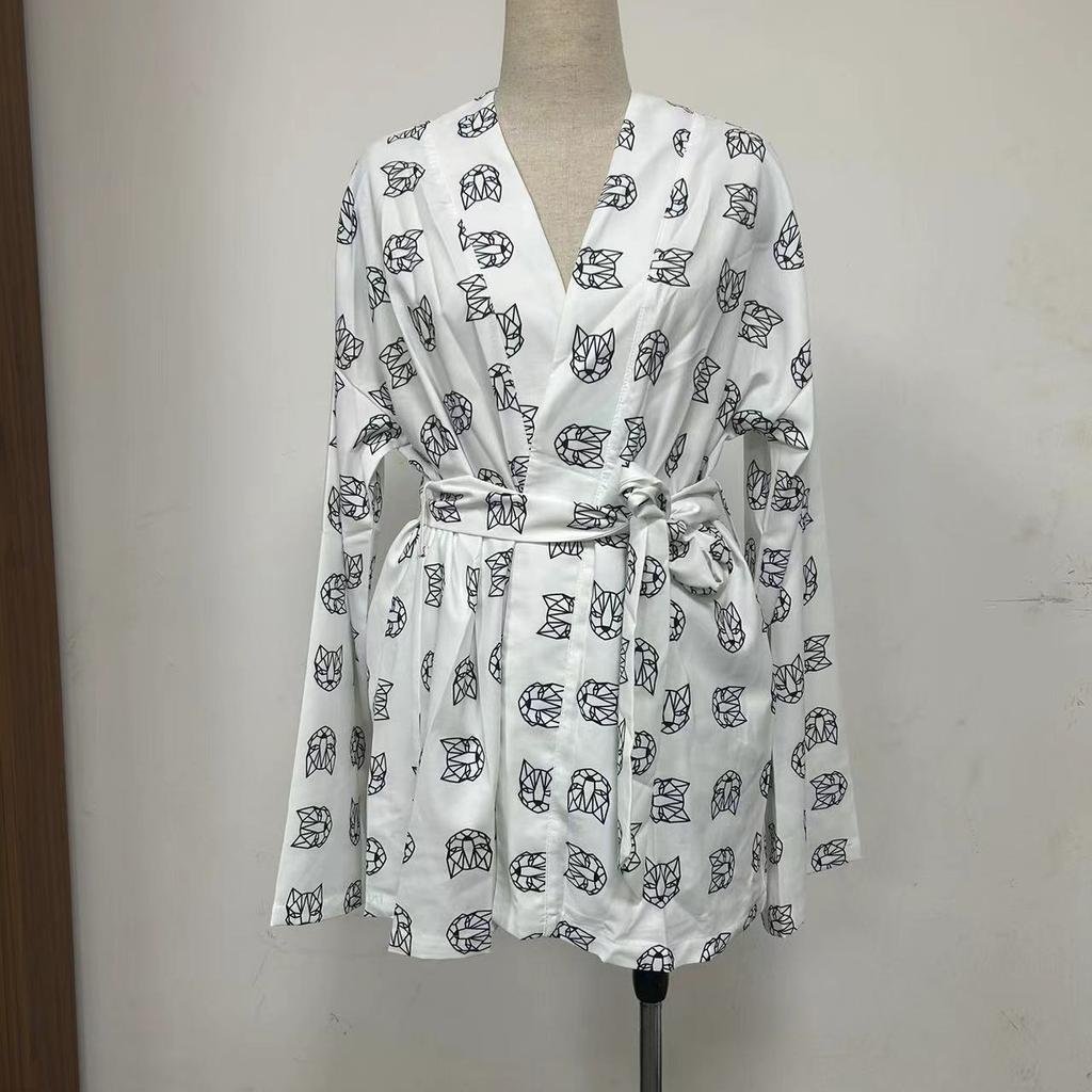 BITCED Loose Long Sleeve Women's Print Casual Commuter Lace-up Pajamas High-waisted Shorts Set