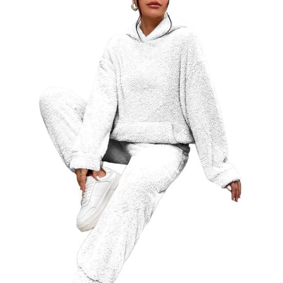 Women's Fuzzy Fleece Pajamas Set Winter Plush Pullover Hoodies And Pants Lounge