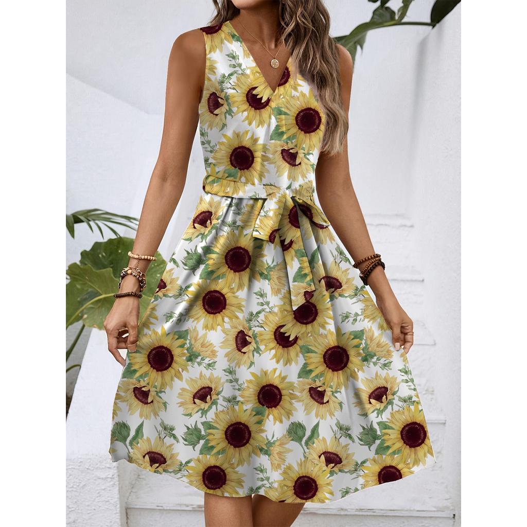 Женское весенне-летнее повседневное платье миди с V-образным вырезом без рукавов и цветочным принтом на талии