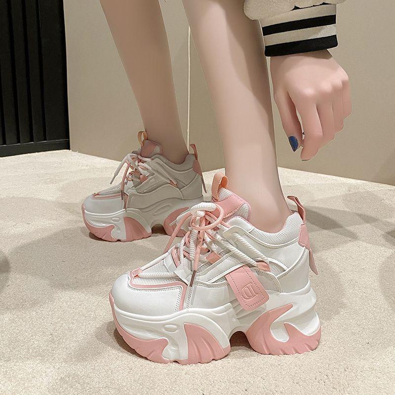 Весенне-осенние женские массивные кроссовки, кожаная повседневная обувь на скрытом каблуке 10 см, женская спортивная обувь на высокой платформе с кристаллами, женская спортивная обувь для папы