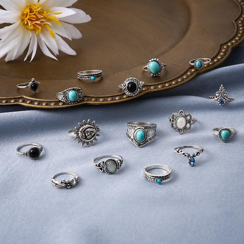 European and American Turquoise Ring Retro Bohemian Geometric Turquoise Ring Micro-set Tail Ring