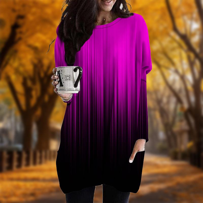 Новинка осени Цветной градиентный принт Плюс Размер Платье Женское O-образный вырез Длинные рукава Повседневные Карманные Платья