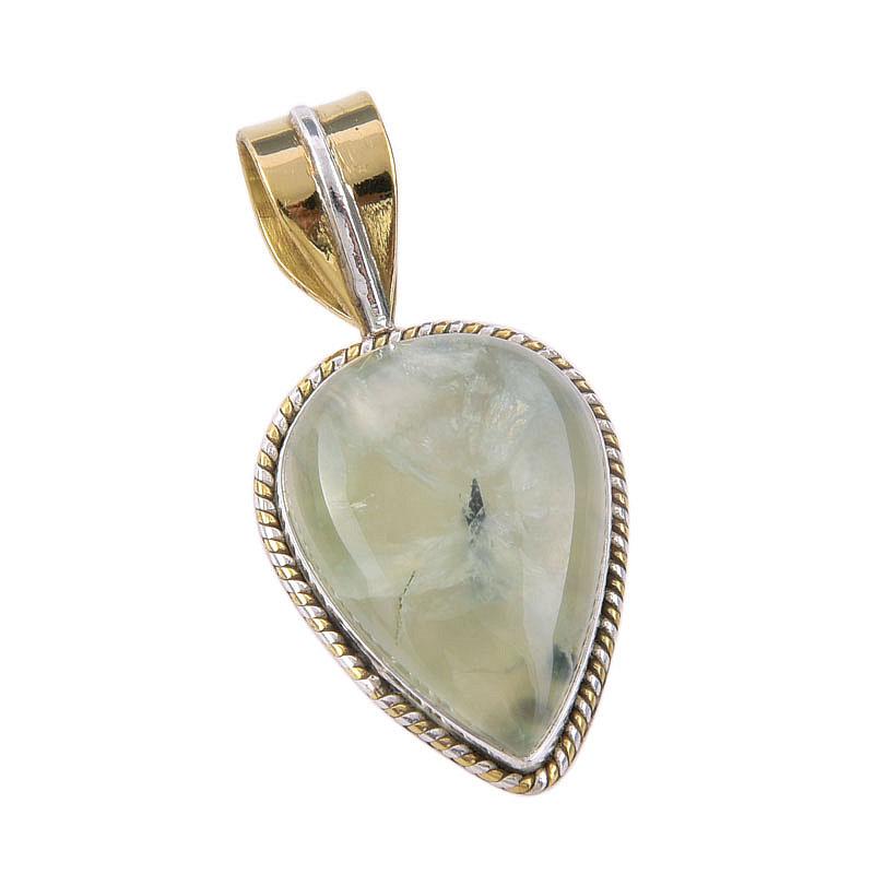 Natural Prehnite Gemstone 925 Solid Sterling Silver Two Tone Pendant 1.25" U6N16