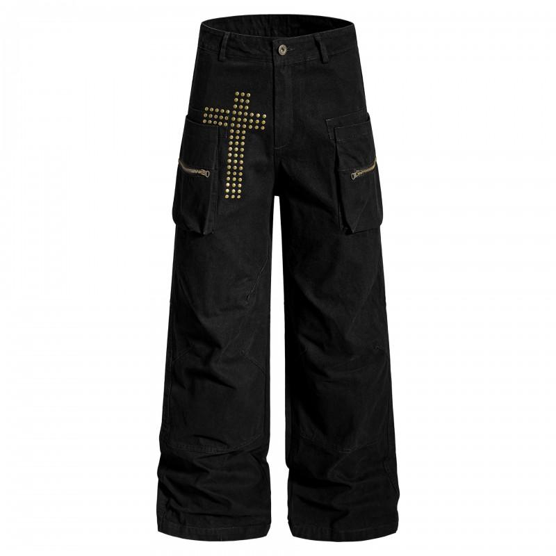 Unisex Retro Straight-Leg Cargo Pants With Metal Rivet Detail Cotton Workwear Style Casual Trousers