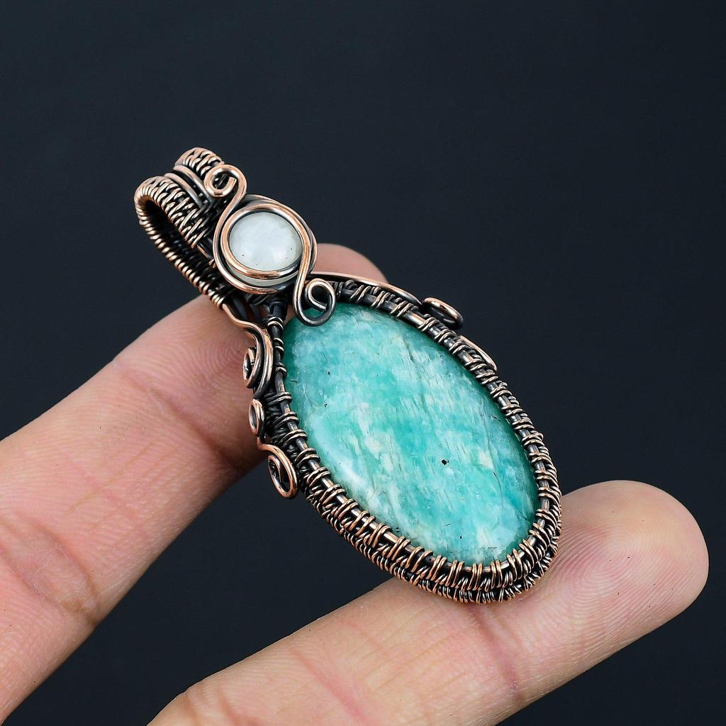 Gorgeous Amazonite & Moonstone Gemstone Handmade Pure Copper Wire Wrap Jewelry Pendant