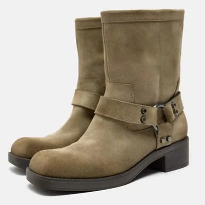 Модные хаки ботильоны из искусственной замши женские модные с квадратным носком, украшенные металлическими заклепками, брендовые байкерские ботинки, удобная толстая подошва, дизайнерские ботинки