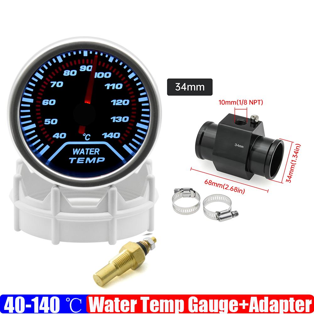 Smoked Faced 40-140℃ 52mm Water Temperature Gauge with Temp Joint Adapter Sensor Hose 26mm-40mm for Gasoline Racing Car 12V