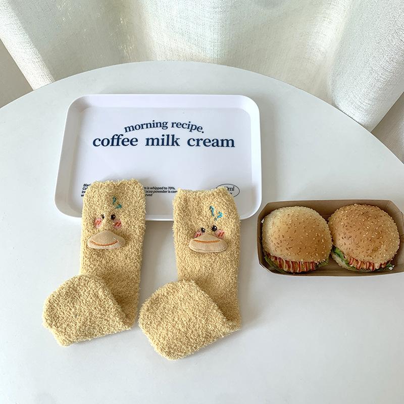 Little Yellow Duck Coral Fleece Socks Women'S Winter Warm Home Sleeping Socks Medium Tube Fleece Cartoon Outer Wear Girls Socks