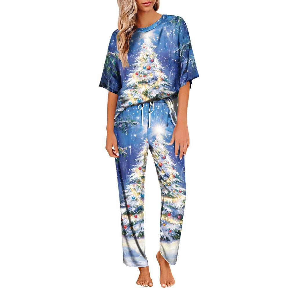 Ayollar uchun muz ipakli satin Rojdestvo printli pajama to'plami, qisqa yengli ko'ylak va uzun pajama shimlari to'plami, yumshoq uy kiyimi