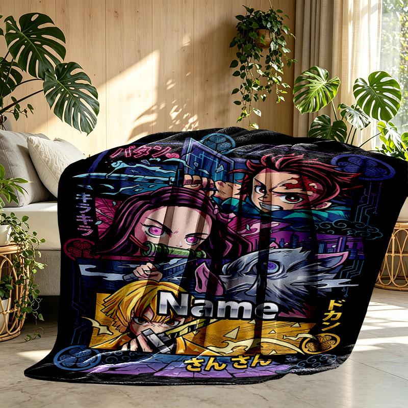 Custom Name Personalized Demon Slayer Anime Print Blanket, Home Decor, Bedroom, Sofa, Camping, Couch, Gifts for Birthday Christmas