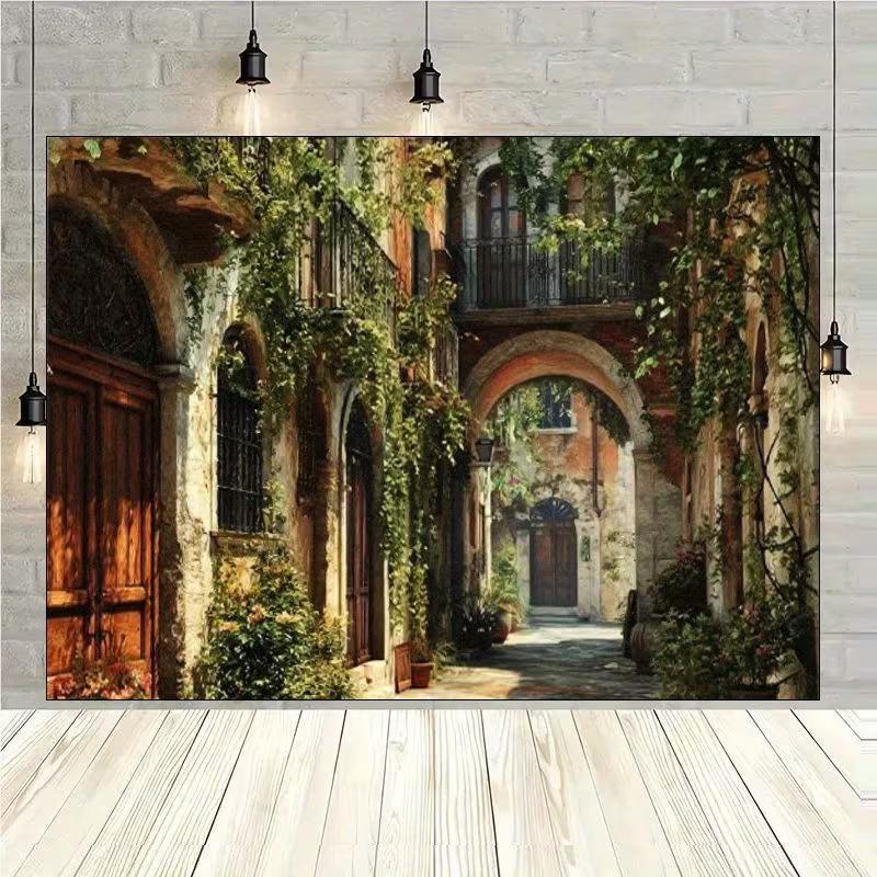 2D Romantic European Alley Backdrop, Old Town with Green Vines for Photoshoot