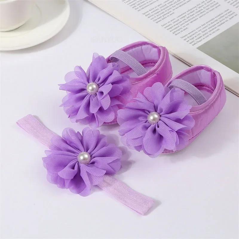 Newborn Girls Baby Shoes Party Pearl Flower Lace Baby Girl Headband Set Non Slip Cute Preschoolers Toddler Infant First Walkers