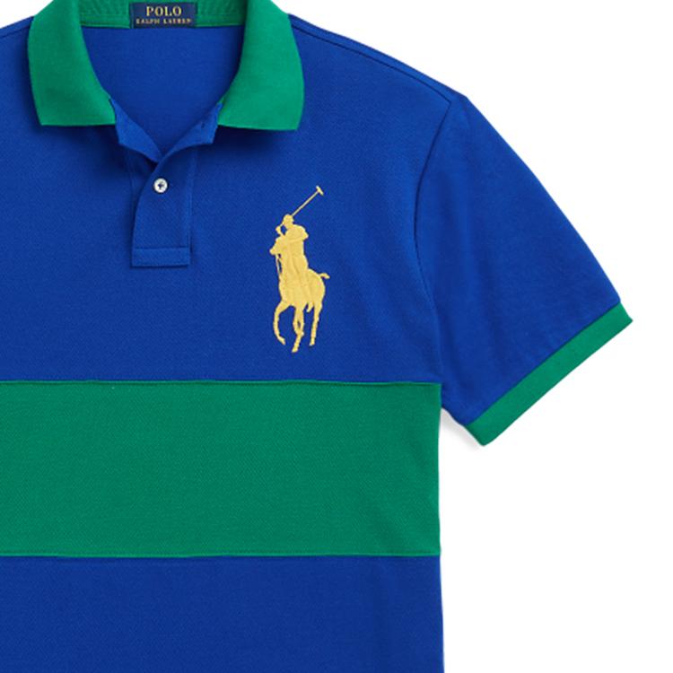 Polo Ralph Lauren Ss23 Широкая полосатая хлопковая рубашка поло с коротким рукавом с логотипом для мужчин, сине-зеленая MNPOKNI1N822155-401