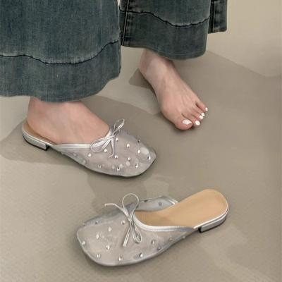 Женские летние мюли с кружевом и стразами, дышащие сетчатые женские тапочки с закрытым носком, балетки для платья, шлепанцы для женщин